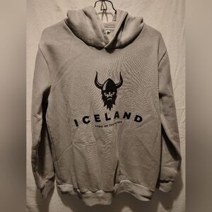 ICELAND Land Of The Vikings Gray Shop Icelandic Hoodie Size Small 100% Cotton